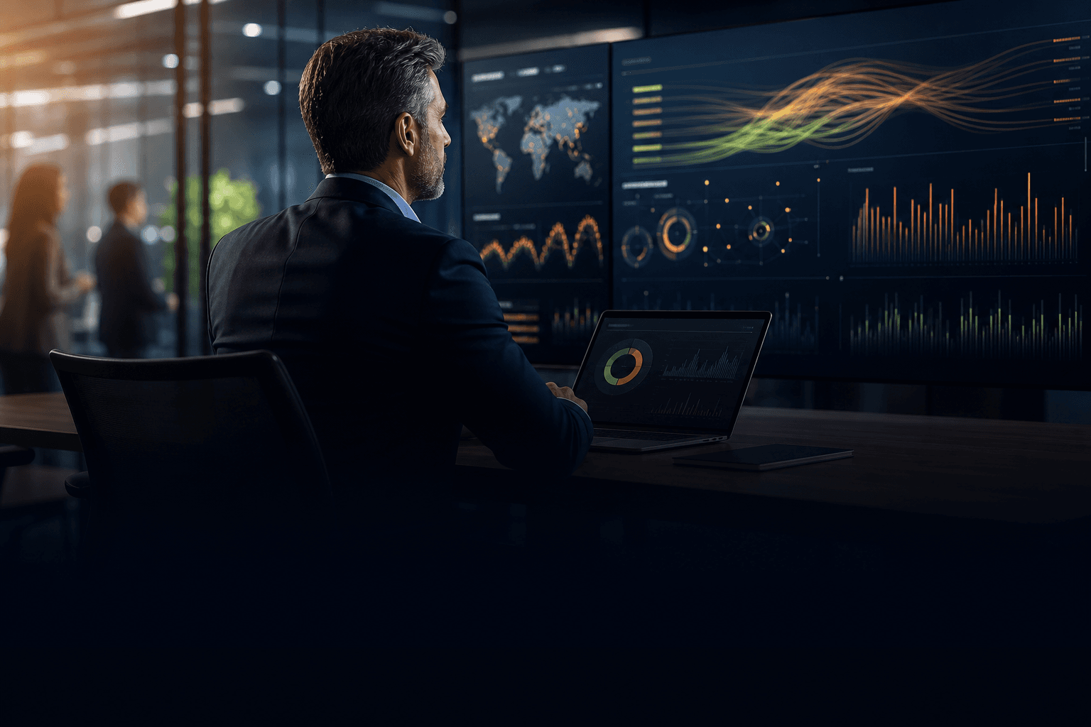 Business leader reviewing an integrated operations dashboard in a modern workplace